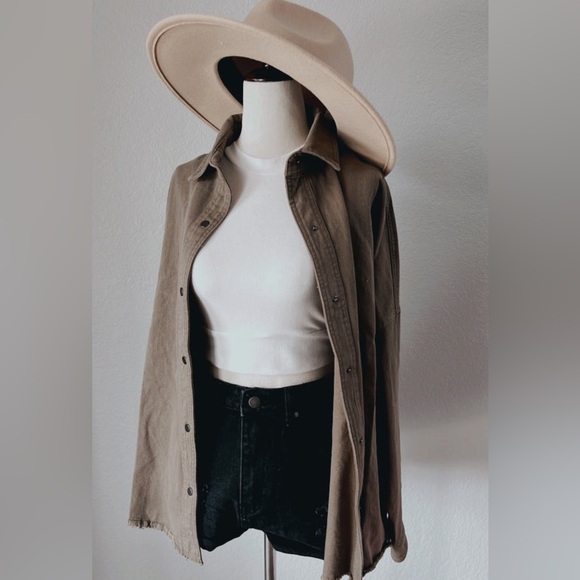 Miou Muse Jackets & Blazers - Miou Muse Womens Shacket Shirt Cotton Raw Hem Smiley Face Design Distressed